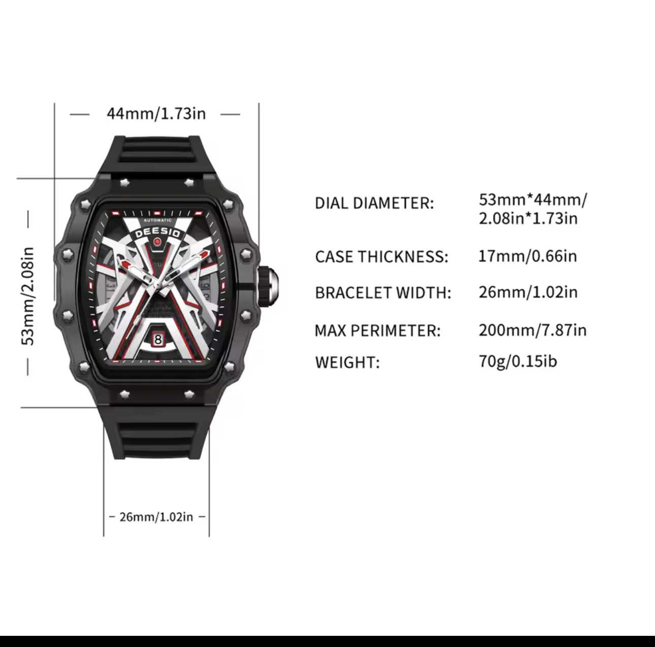 Deesio Men's Original Automatic Skeleton Watch,Mechanical Self-Wind Wristwatch Luminous Hands - Image 8