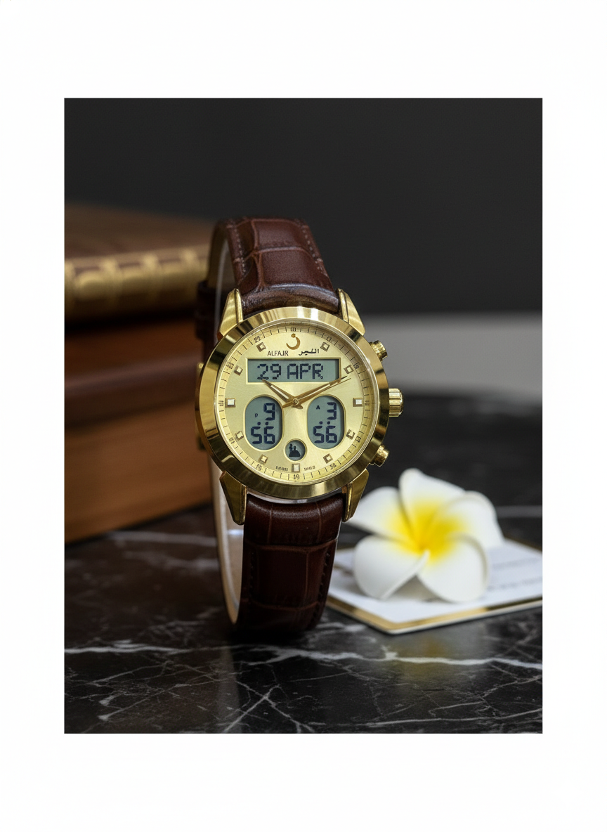 Alfajr WA-46 Ref 812809 - Swiss Made Dual Time - Azan Time - Premium Leather Strap Watch - Image 8