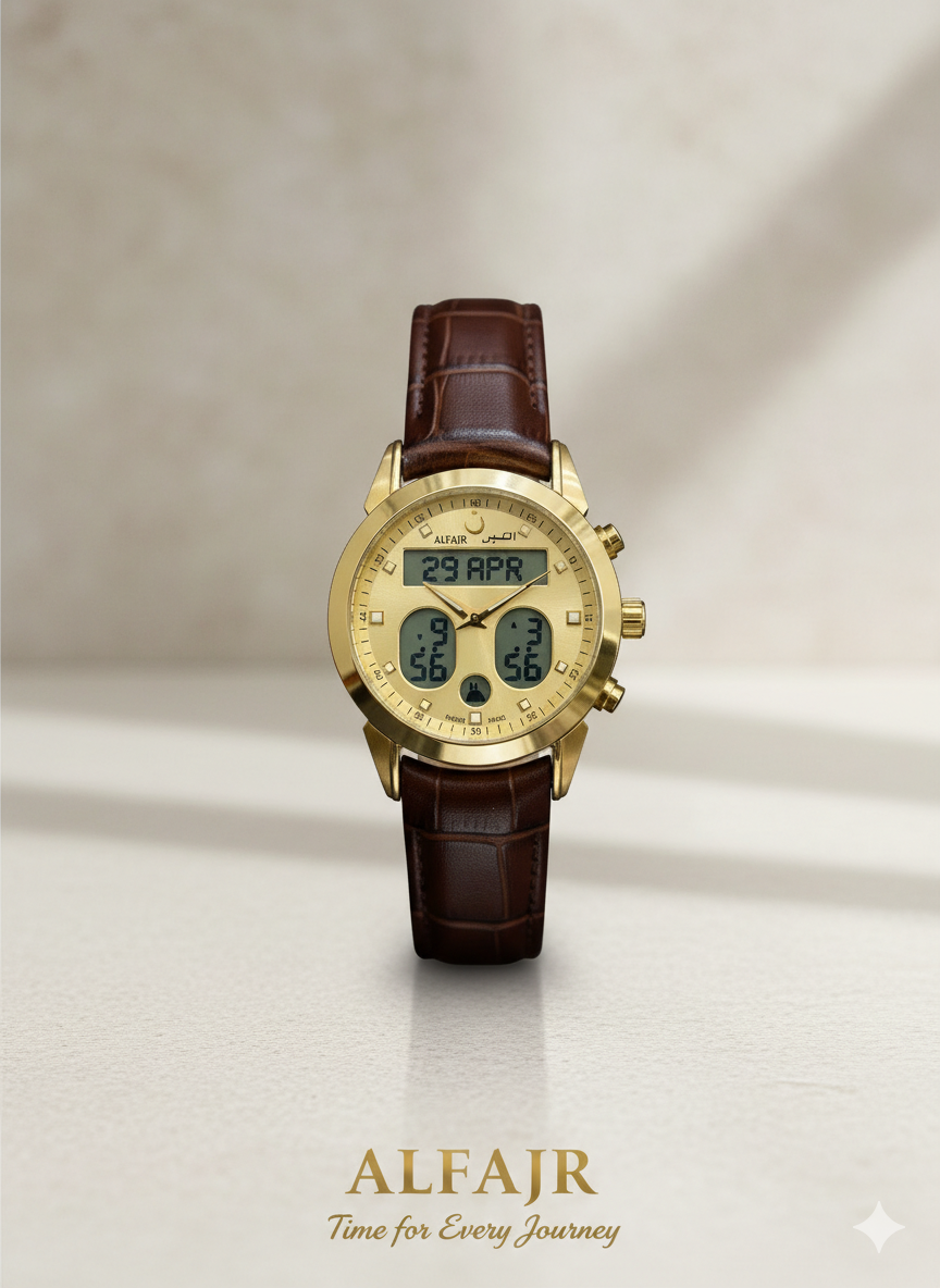Alfajr WA-46 Ref 812809 - Swiss Made Dual Time - Azan Time - Premium Leather Strap Watch - Image 2