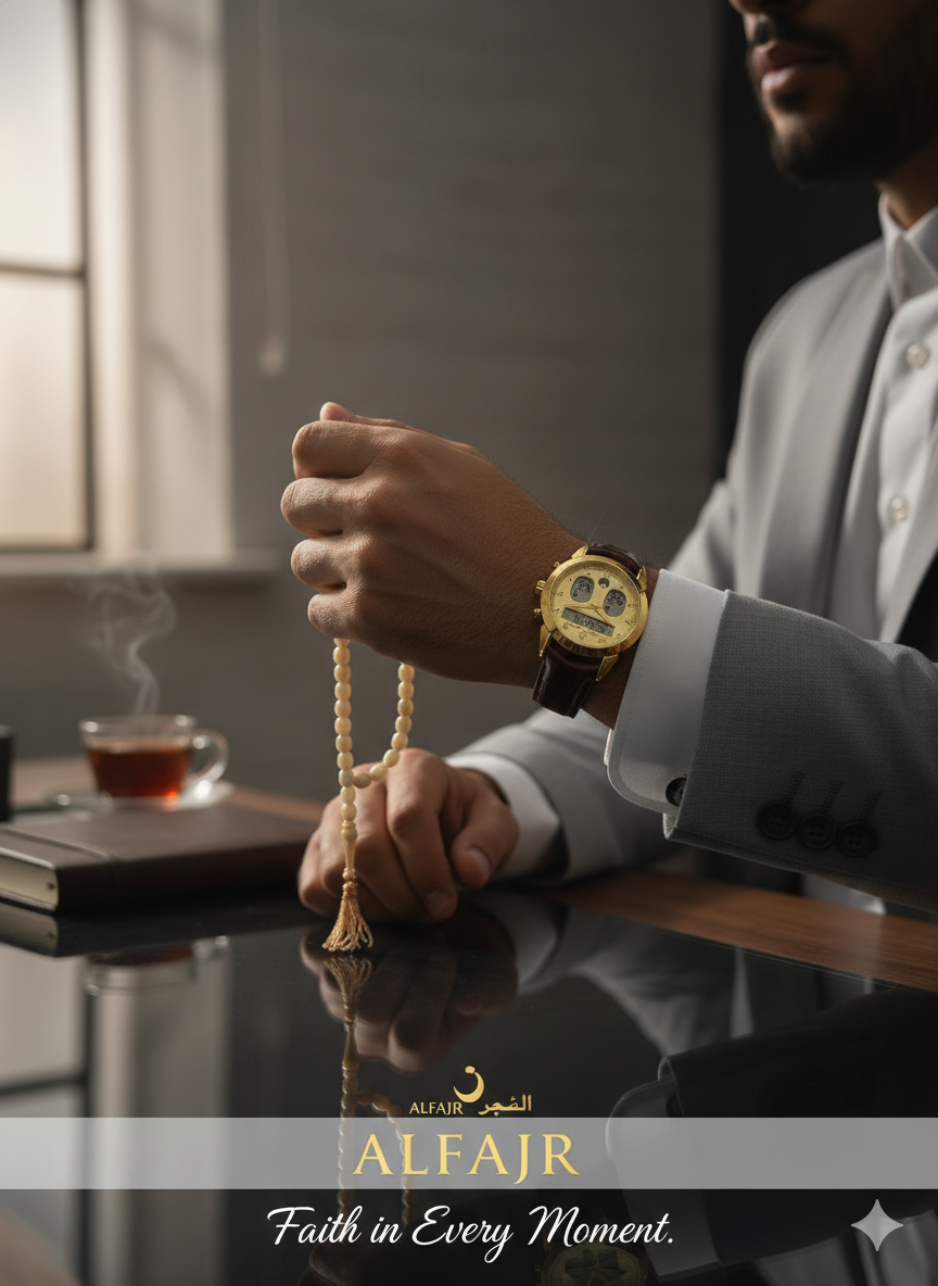 Alfajr WA-46 Ref 812809 - Swiss Made Dual Time - Azan Time - Premium Leather Strap Watch - Image 3