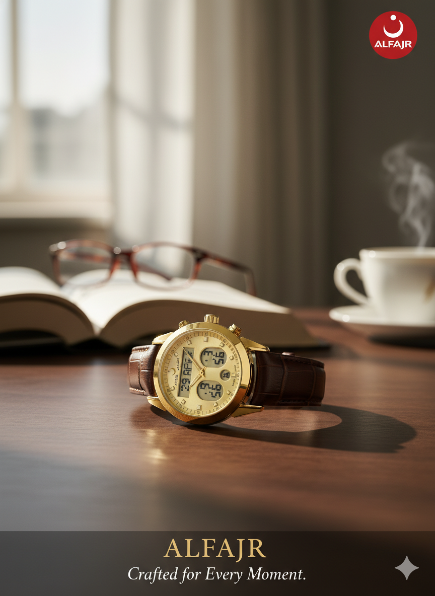 Alfajr WA-46 Ref 812809 - Swiss Made Dual Time - Azan Time - Premium Leather Strap Watch - Image 4