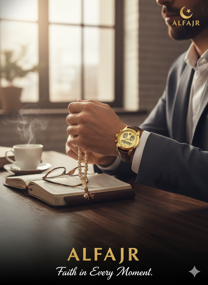 Alfajr WA-46 Ref 812809 - Swiss Made Dual Time - Azan Time - Premium Leather Strap Watch - Image 6