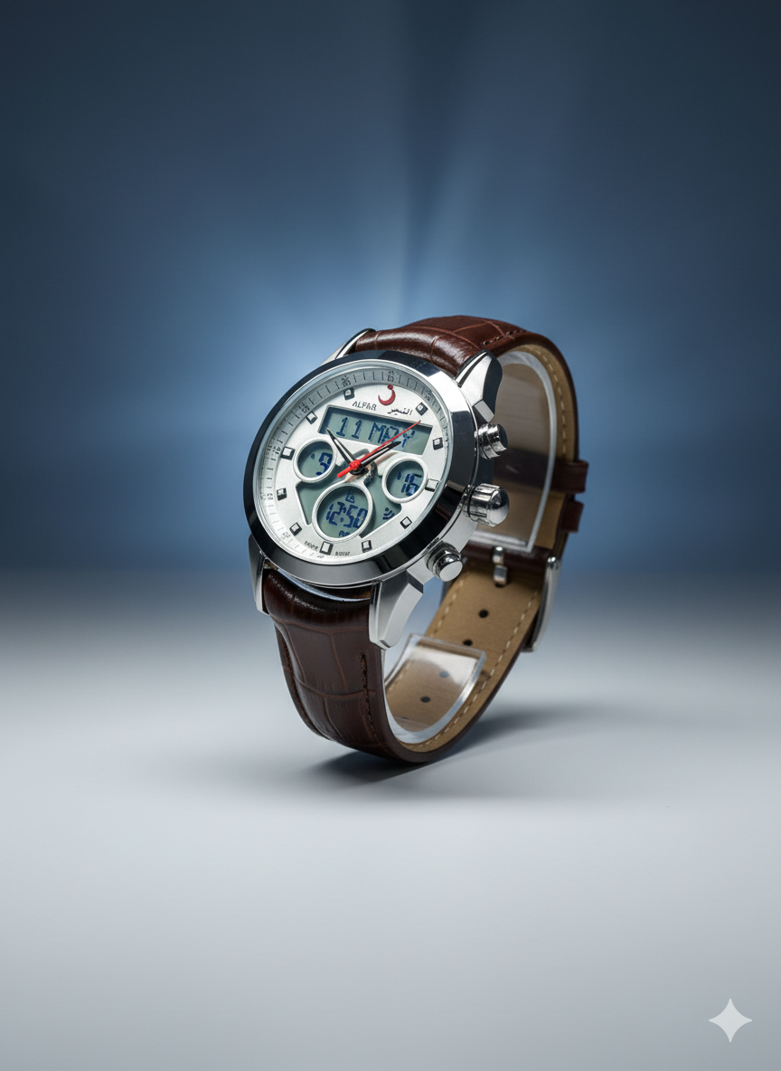 Alfajr WA-28 Ref 812793 - Swiss Made Dual Time - Azan Time - Premium Leather Strap Watch - Image 4