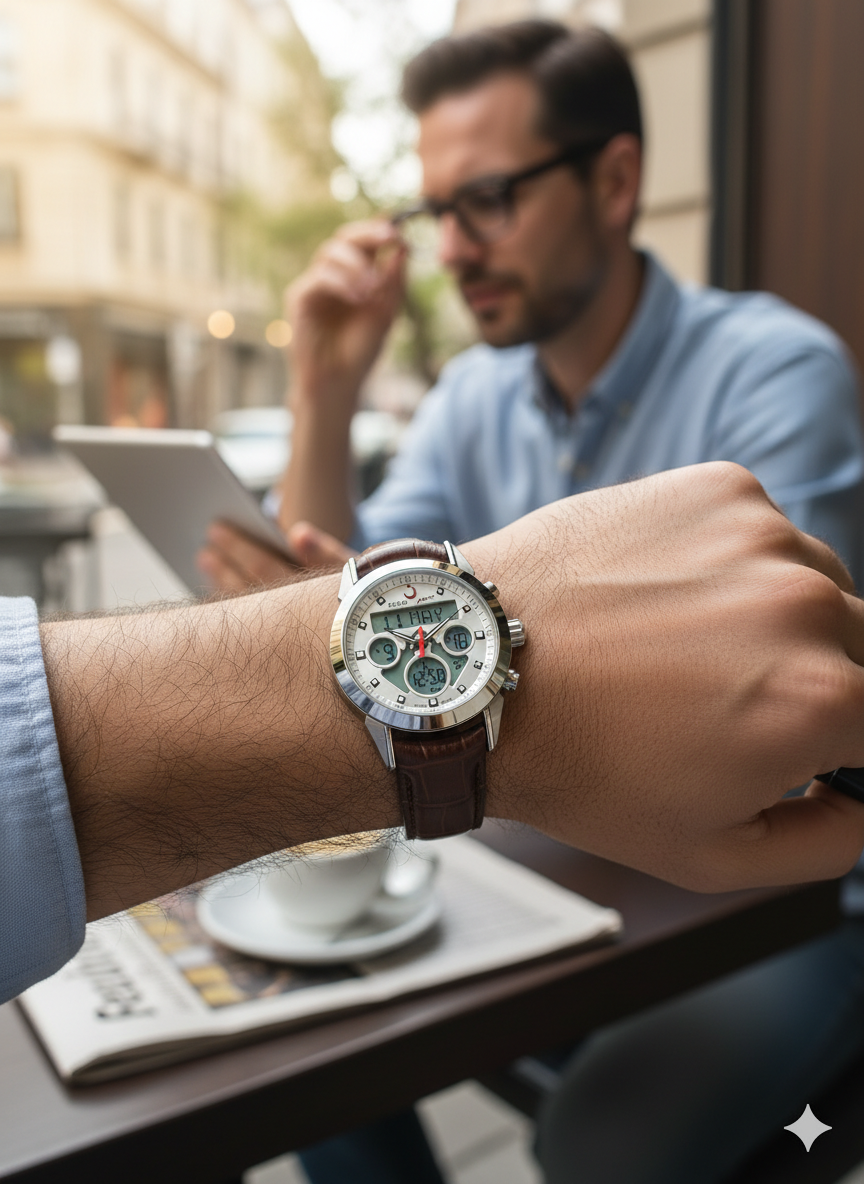 Alfajr WA-28 Ref 812793 - Swiss Made Dual Time - Azan Time - Premium Leather Strap Watch - Image 6