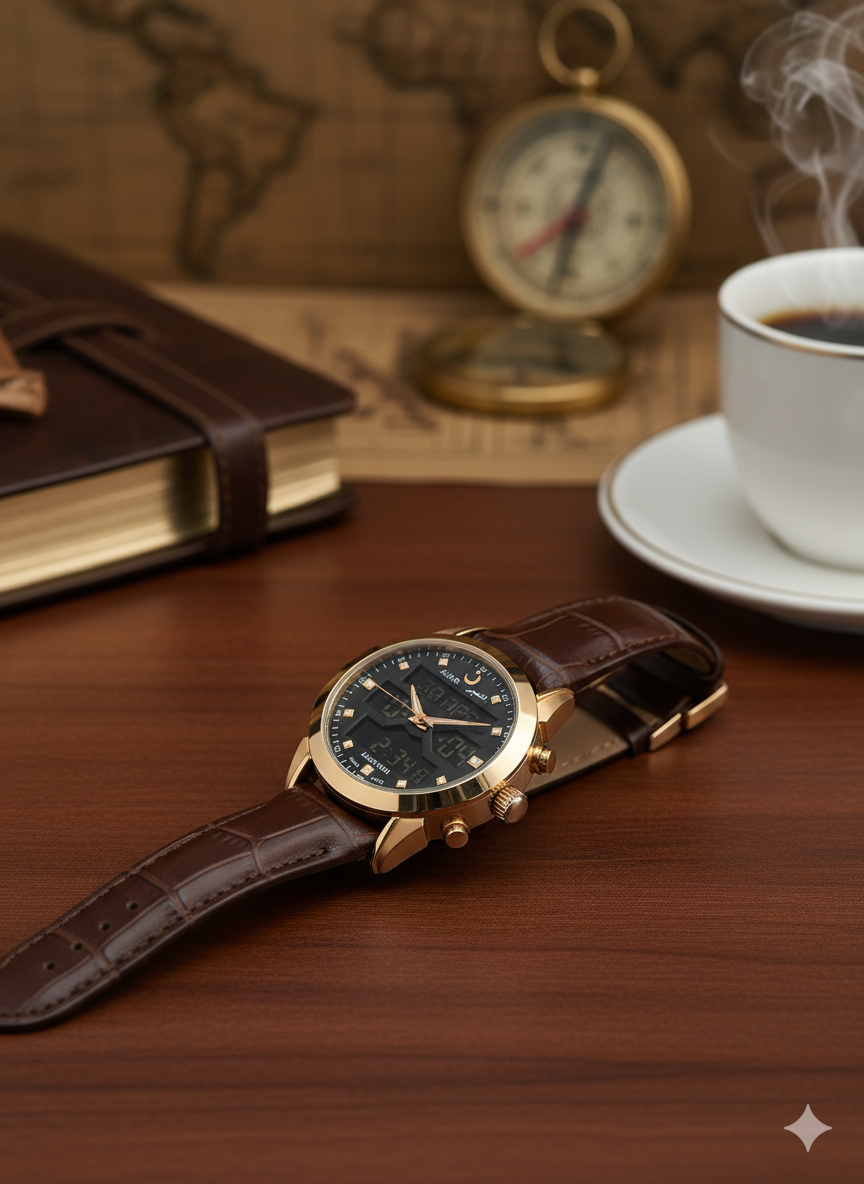 Alfajr WA-47 Ref 812810 - Swiss Made Dual Time - Azan Time - Premium Leather Strap Watch - Image 4